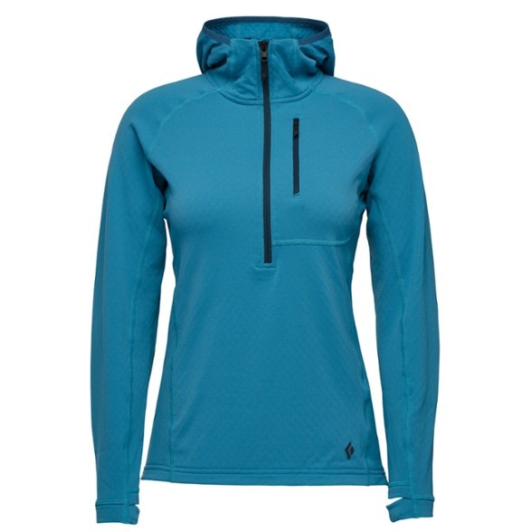 Front view of women's fleece quarter-zip hoody in action.