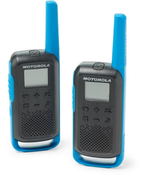 Motorola Talkabout T270 walkie talkies in an outdoor setting, perfect for camping.