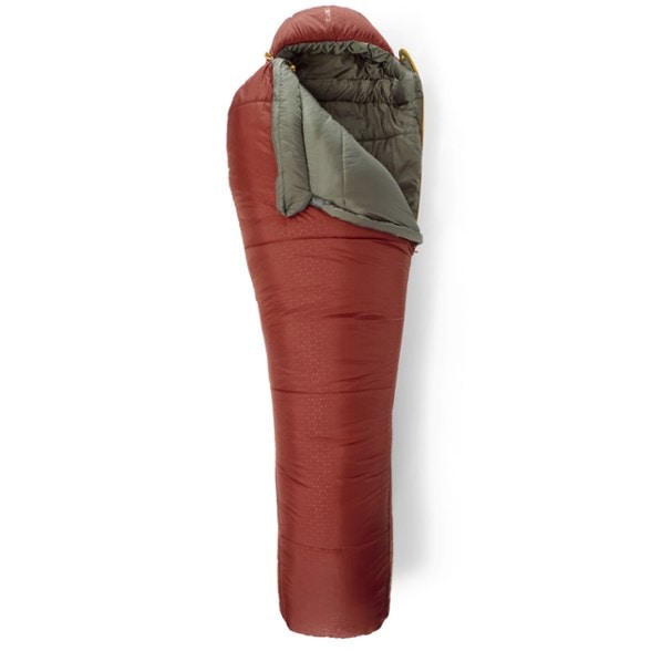 Exped EcoSleep 20F sustainable sleeping bag fully unzipped showing spacious interior and recycled polyester fabric