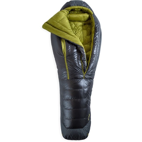 NEMO Coda Endless Promise ultralight mummy sleeping bag in a tent, showcasing its sleek design.