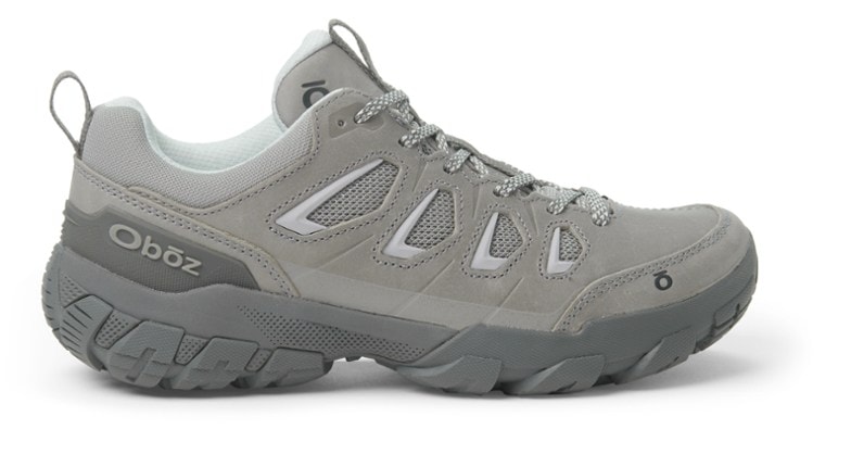 Side angle of Oboz Sawtooth X Low women's hiking shoes showcasing lightweight breathable design and durable oiled nubuck leather upper