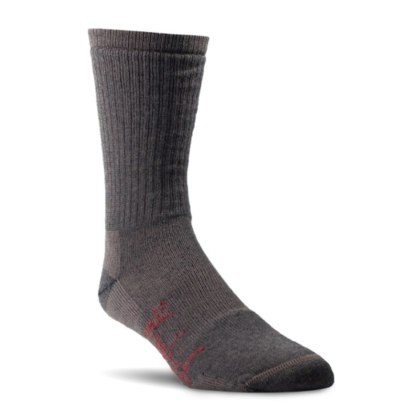 Close-up of TrailPro merino wool hiking socks showing crew height and reinforced heel