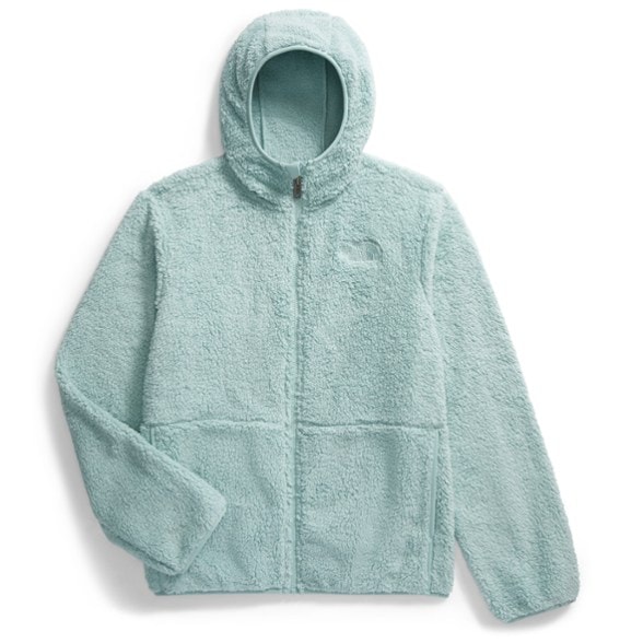 Front view of EcoTrail kids hoodie in recycled fleece with full zipper and attached hood