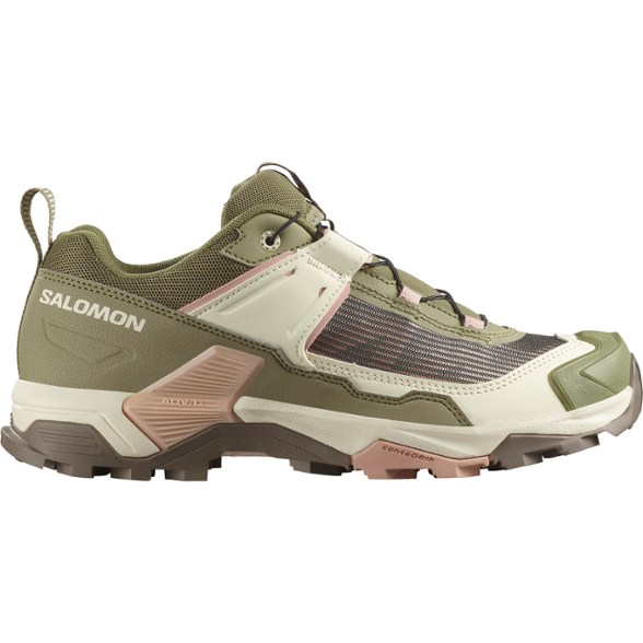 Salomon Women's X Ultra 5 Low hiking shoes in action on a rocky trail.