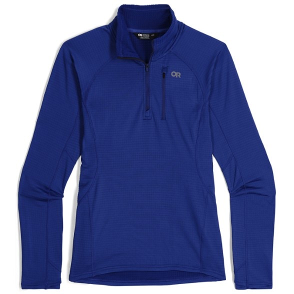 Front view of women's quarter zip fleece pullover featuring thumbholes and sun protective fabric