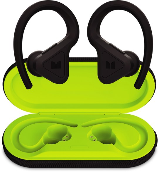 Close-up of PulseActive earbuds with wireless charging case showing sleek matte finish and compact design