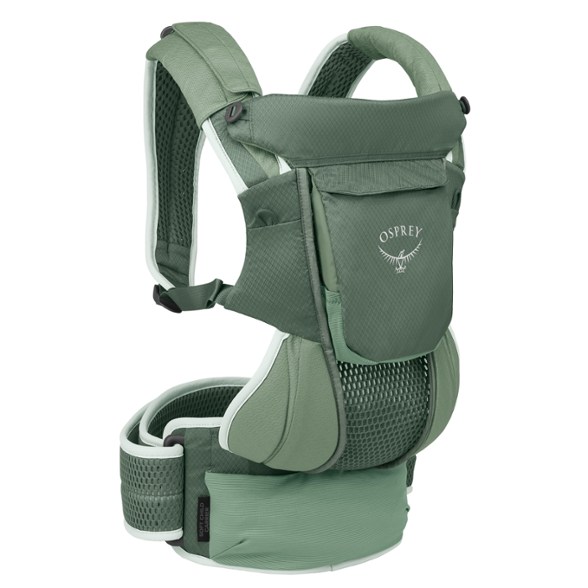 Osprey Poco Adventure Soft Child Carrier in use during a hike, highlighting its padded hipbelt and shoulder harness.