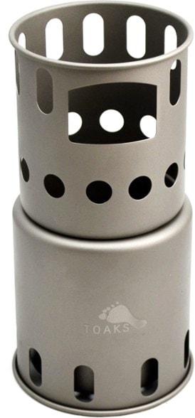 Side view of the TOAKS compact titanium wood burning stove, showcasing its portability and design.