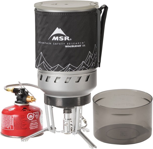 Front view of the MSR WindBurner Duo stove showing its compact design for easy packing.