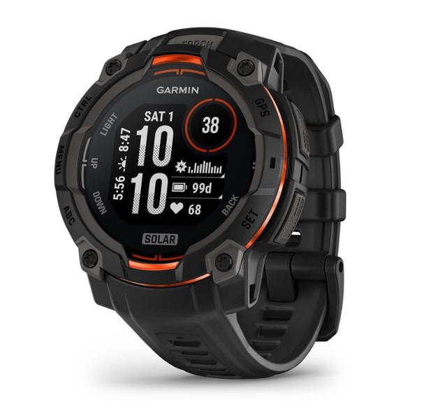 Garmin Instinct 3 Solar Adventure Watch front view highlighting the display and buttons.