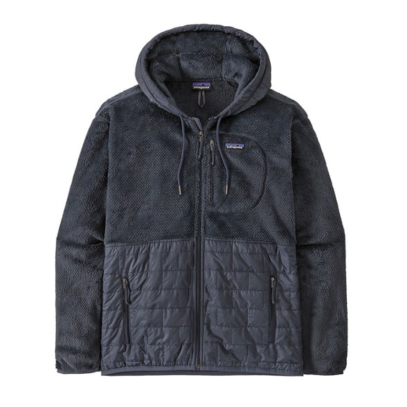 Front view of Patagonia Re-Tool Hybrid Insulated Hoody for Men, highlighting its fleece lining and zippered pockets.