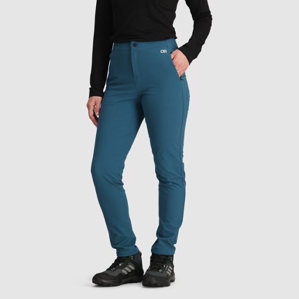 Front view of fleece lined pants styled for women's cold weather hiking