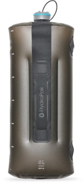 HydraPak Seeker 6L water storage bag showing Plug-N-Play cap and Camp Tap.
