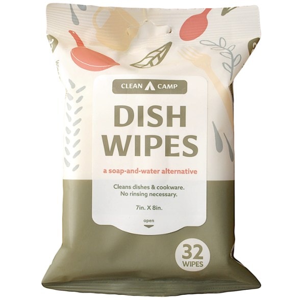 Close-up of eco-friendly camping dish wipes in a resealable pouch.