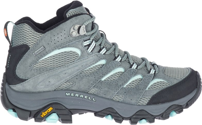 Side profile of Merrell Moab 3 Mid boots showing pigskin upper and lace-up closure
