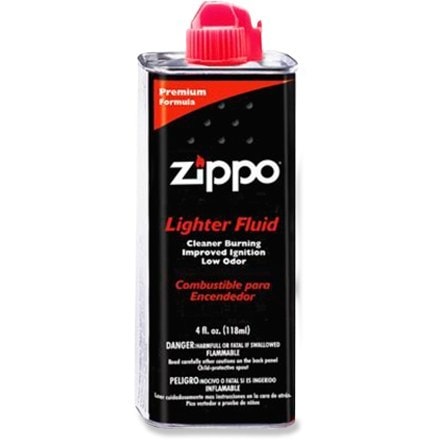 Close-up of Zippo lighter fluid tin for camping use.