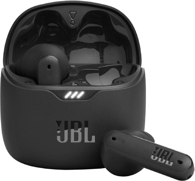Close-up of JBL earbuds highlighting stick-open design and sweatproof finish