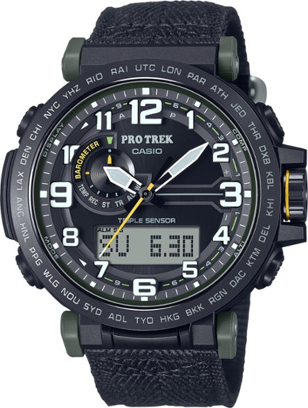 Close-up of altimeter interface and compass on EcoTrek PRG-601YB solar watch