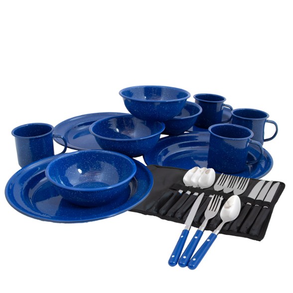 Alpine Mountain Gear enamel cutlery set for 4 campers on a picnic table