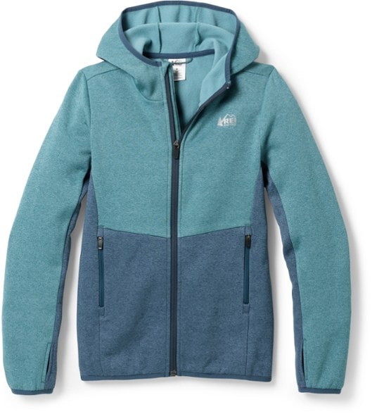 Front view of TrailHugger kids fleece jacket showing zippered pockets and thumbhole cuffs