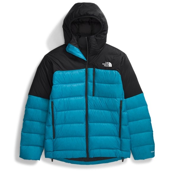 Front view of Kalix EcoWarm men's winter jacket showing waterproof down hoodie and adjustable hood