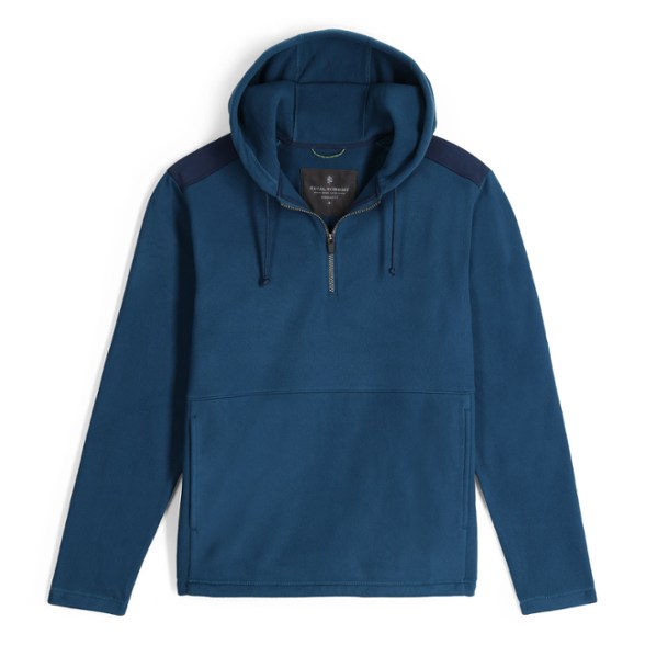 Front view of men's recycled fleece hoodie showcasing the adjustable collared hood and half-zip design