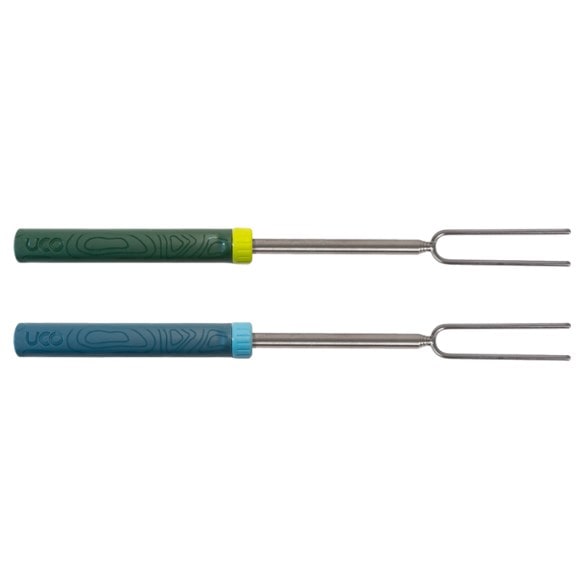 Eco-friendly telescoping roasting fork in use over a campfire.