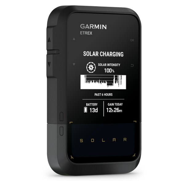 Garmin eTrex SolarPlus handheld GPS showing top view with bright 2.2-inch screen displaying map for hiking GPS