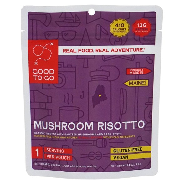 Close-up of vegan mushroom risotto meal packet showing gluten-free outdoor food option