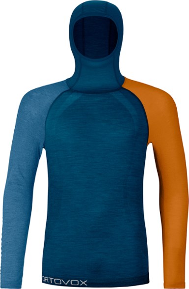 Front view of men's lightweight merino wool base layer hoody designed for ski touring