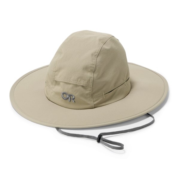 Side view of breathable outdoor sun hat showing foam-stiffened brim and adjustable drawcord