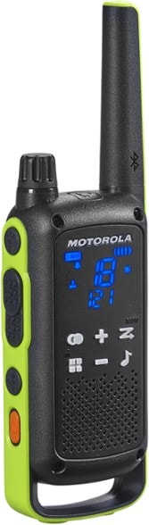 Motorola Talkabout T803 two-way radios displayed on a rock during a hike.