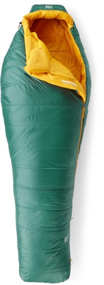 Zephyr 25 sleeping bag opened in a scenic campsite, showcasing its spacious interior.