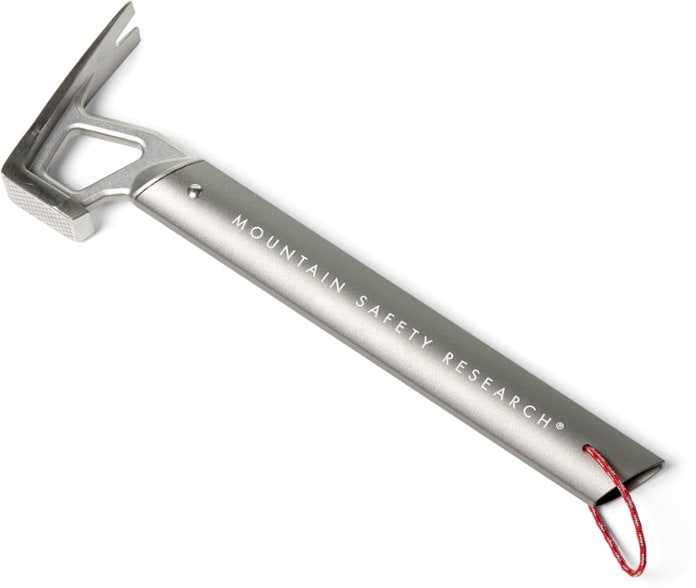 Ultimate Camping Stake Hammer from the side, showing the stainless-steel head and aluminum grip.