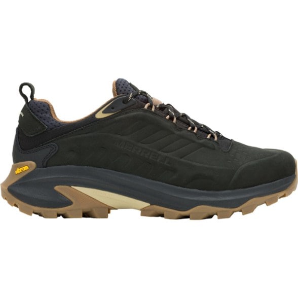 Close-up of Merrell Moab Speed 2 Leather Waterproof Hiking Boots showcasing waterproof features.