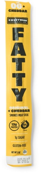 Close-up of savory protein meat stick with cheese, ideal for hiking.
