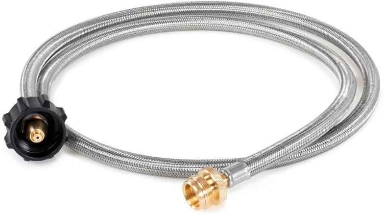 Close-up of the TrailLink propane adapter hose brass connector for camping stoves