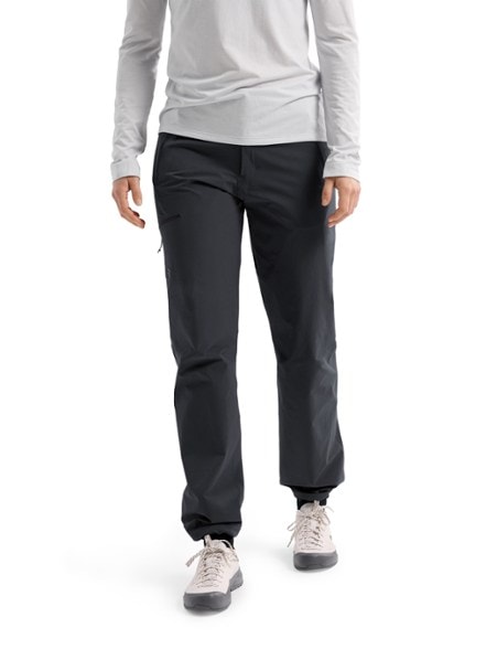 Close-up of women's climbing pants showcasing durable fabric and stretch.