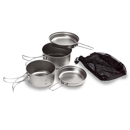 Snow Peak Ultralight Titanium Camping Cookware Set displayed with hiking gear