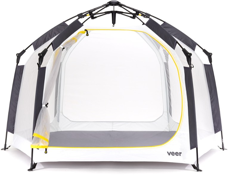 Front view of the Veer Adventure Play Shelter with children playing inside.