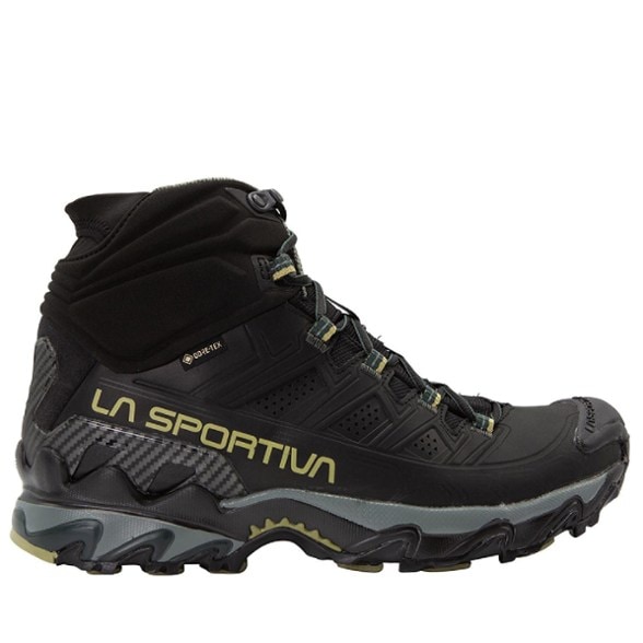Close-up of the Men's Ultra Raptor II Mid GTX hiking boots showcasing the nubuck leather and waterproof features.