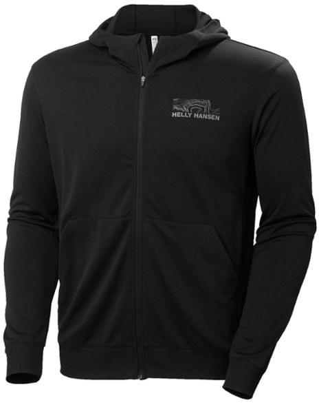 Front view of men's zip hoodie with rib-knit cuffs and graphic print, shown in alpine terrain