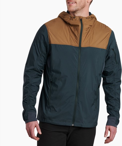 Men wearing the Elevate Insulated Hoody in a snowy landscape, showcasing its windproof capabilities.