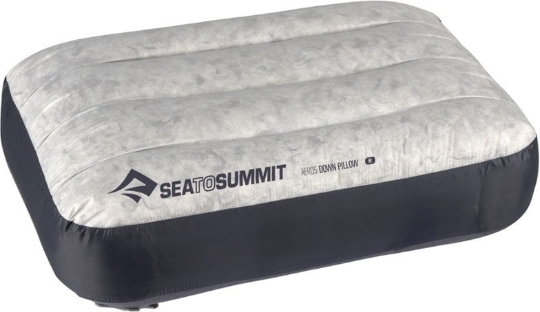 Aeros down camping pillow with cushion-top design, showcasing its lightweight fabric and portability.
