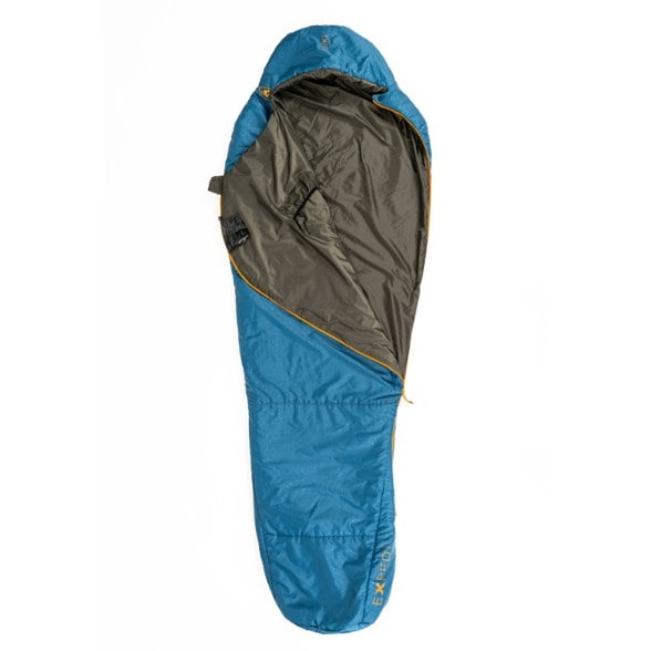 Exped DeepSleep Ultralite sleeping bag fully unrolled on camp mat, showing mummy shape and 3D footbox