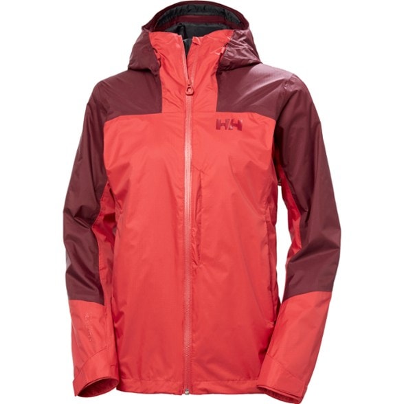 Front view of women's waterproof jacket with hood up, designed for hiking and outdoor use
