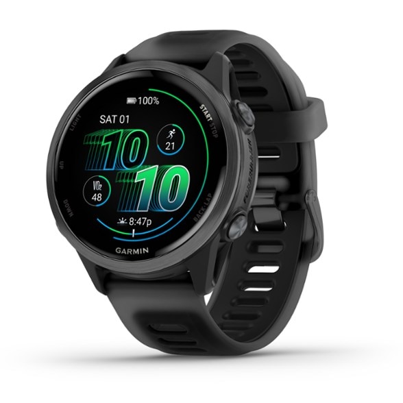 Garmin Forerunner 570 GPS smartwatch displaying running metrics on a bright touchscreen.