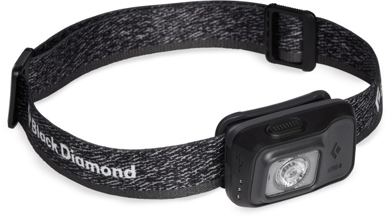 Front view of the AstroLite 300-R LED headlamp showing compact design and USB charging port