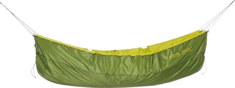 Side angle of EmberPro hammock underquilt showcasing lightweight camping insulation for hammocks during a cold-weather camping trip