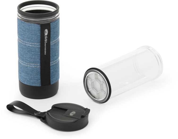 TravelPress Insulated French Coffee Maker showing the flip-top lid open with coffee inside.